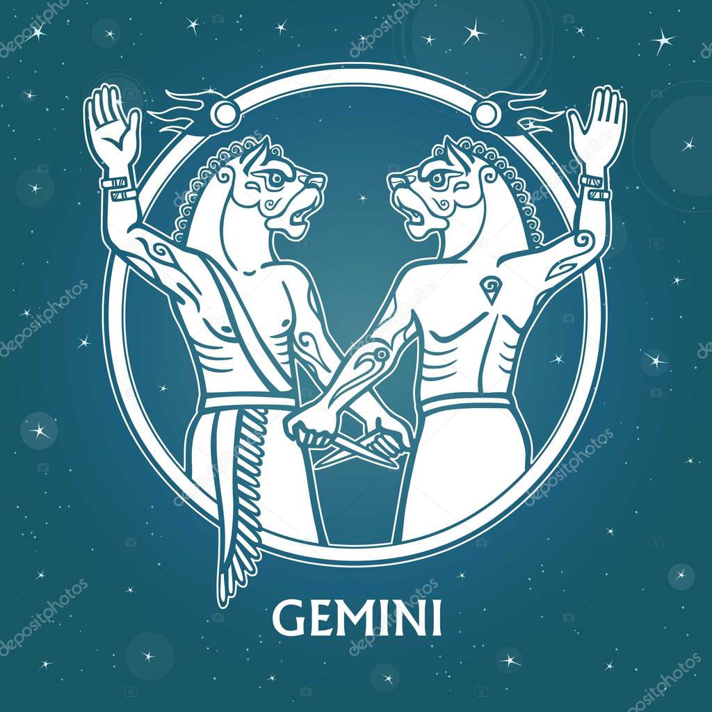 Zodiac sign Gemini. Character of Sumerian mythology. Background the
