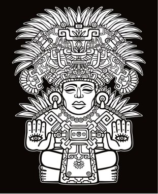 Decorative image of an ancient Indian deity. Motives of art Native American Indian. Ethnic design, tribal symbol. Vector illustration: the white drawing isolated on a black background. clipart