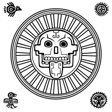 Stilize kafatası. Ölüm pagan tanrısı. Sanat Kızılderili motifleri. Etnik tasarım, boho chic, aşiret sembolü. Vektör çizim: izole beyaz bir arka plan üzerinde siyah siluet.