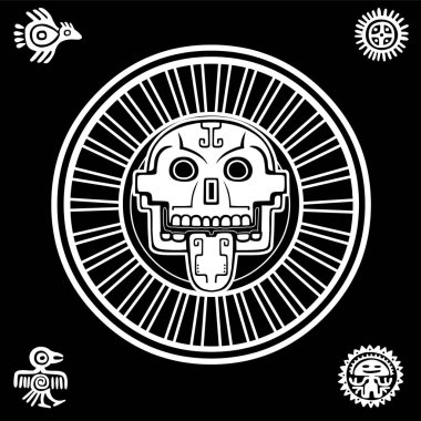 Stylized skull. Pagan god of death. Motives of art Native American Indian. Ethnic design, boho chic, tribal symbol. Vector illustration: the white drawing isolated on a black background. clipart
