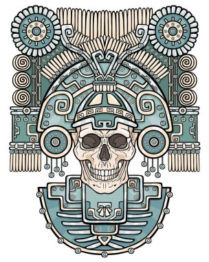 Stilize kafatası. Ölüm pagan tanrısı. Sanat Kızılderili motifleri. Vektör renk illüstrasyon izole beyaz bir arka plan üzerinde. Etnik tasarım, boho chic. Baskı, poster, tişört, tekstil.