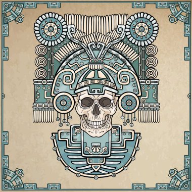 Stilize kafatası. Ölüm pagan tanrısı. Sanat Kızılderili motifleri. Vektör renk illüstrasyon, arka plan - eski kağıt taklit. Etnik tasarım, boho chic. Baskı, poster, tişört, tekstil.