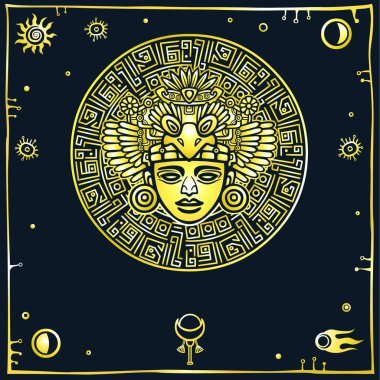 Doğrusal çizim: eski bir Hint Tanrı süsleyici resim. Alanı simgeler. Altın taklidi. Vektör illüstrasyon izole bir siyah arka plan üzerine.