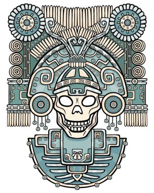 Stilize kafatası. Ölüm pagan tanrısı. Sanat Kızılderili motifleri. Vektör renk illüstrasyon izole beyaz bir arka plan üzerinde. Etnik tasarım, boho chic. Baskı, poster, tişört, tekstil.