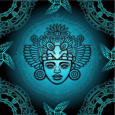 Kesintisiz renk modeli dekoratif öğeler gelen sanat nedenleri üzerinde Kızılderili dayalı. Stilize insan yüzü. Tanrı bir kuş. Totem. Vektör çizim.