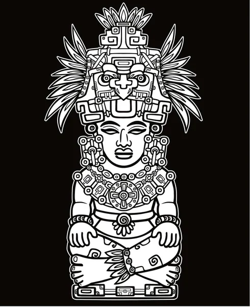 Lineaire tekening: decoratieve afbeelding van een Indische godheid. Motieven van kunst van de Maya indianen. Geïsoleerd op een witte silhouet op een zwarte achtergrond. Vectorillustratie. — Stockvector