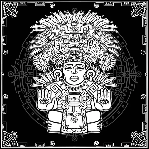 Imagen estilizada de una antigua deidad india. Motivos del arte Indio nativo americano. Ilustración vectorial: dibujo blanco sobre fondo negro, marco decorativo, mandala. Imprimir, carteles, camiseta . — Archivo Imágenes Vectoriales