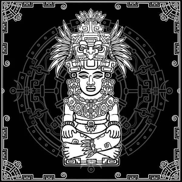 Imagen estilizada de una antigua deidad india. Motivos del arte Indio nativo americano. Ilustración vectorial: dibujo blanco sobre fondo negro, marco decorativo, mandala. Imprimir, carteles, camiseta . — Vector de stock