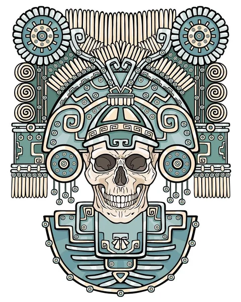 Crâne stylisé. Dieu païen de la mort. Motifs de l'art Amérindien. Illustration vectorielle en couleur isolée sur fond blanc. Design ethnique, boho chic. Impression, affiches, t-shirt, textiles . — Image vectorielle