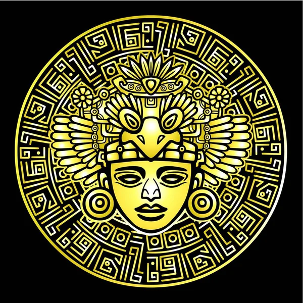 Lineaire tekening: decoratieve afbeelding van een oude Indiase godheid. Magische cirkel. Gouden imitatie. Vectorillustratie geïsoleerd op een zwarte achtergrond. — Stockvector