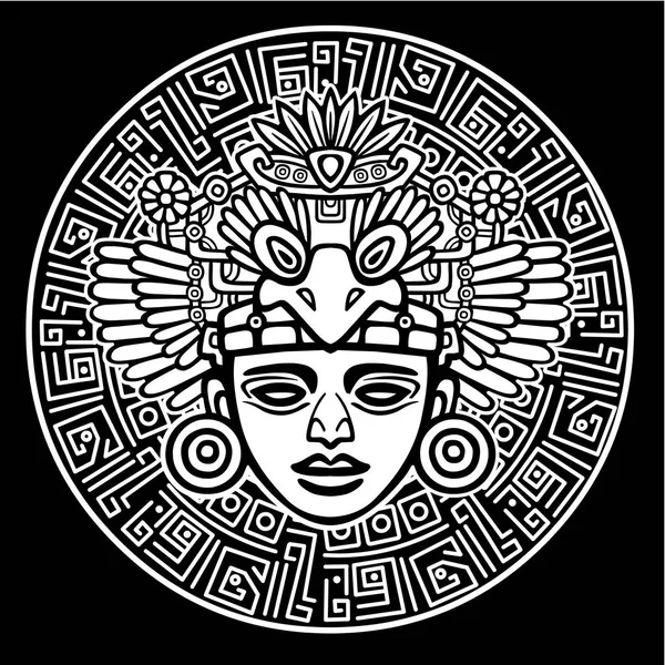 Disegno lineare: immagine decorativa di un'antica divinità indiana. Cerchio magico. Illustrazione vettoriale: la silhouette bianca isolata su fondo nero . — Vettoriale Stock