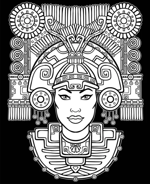Языческая богиня. Индейские мотивы искусства. Векторная иллюстрация: белый силуэт изолирован на черном фоне. Этнический дизайн, бохо шик. Печать, плакаты, футболки, текстиль . — стоковый вектор