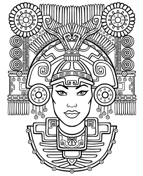 Языческая богиня. Индейские мотивы искусства. Векторная иллюстрация: черный силуэт изолирован на белом фоне. Используется для раскраски книги. Печать, плакаты, футболки, текстиль . — стоковый вектор