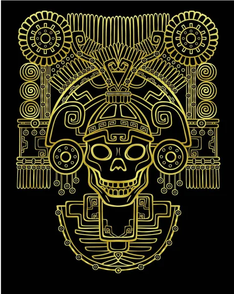 Calavera estilizada. El dios pagano de la muerte. Motivos del arte Indio nativo americano. Ilustración vectorial: silueta amarilla aislada sobre fondo negro. Imitación de oro. Imprimir, carteles, camiseta, textiles . — Archivo Imágenes Vectoriales