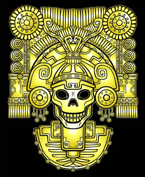 Стилизованный череп. Языческий бог смерти. Индейские мотивы искусства. Векторная иллюстрация: жёлтый силуэт изолирован на чёрном фоне. Золотая имитация. Печать, плакаты, футболки, текстиль . — стоковый вектор