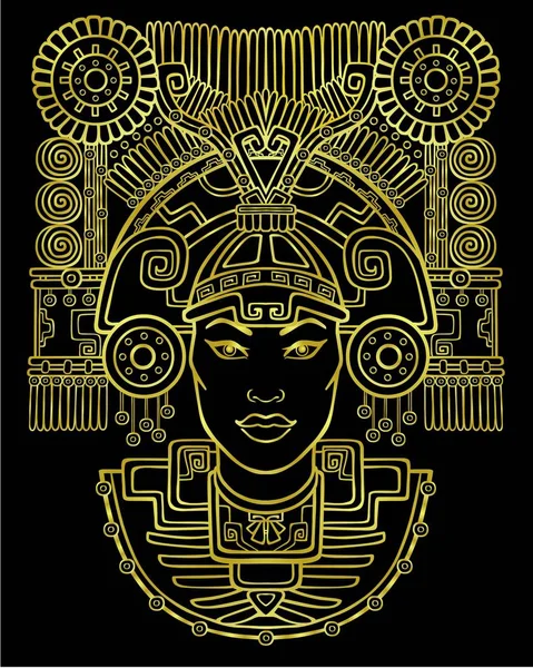 Pagan goddess. Motives of art Native American Indian. Vector illustration: yellow silhouette isolated on a black background.Gold imitation. Ethnic design, boho chic. Print, posters, t-shirt, textiles. — Stock Vector