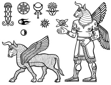 Doğrusal çizim: efsanevi hayvan kanatlı bir boğa bir hayvan görüntüsünü ve kişi (centaur) bir görüntü. Alanı simgeler kümesi. Vektör tek renkli çizim. Kitap boyama için kullanılan.