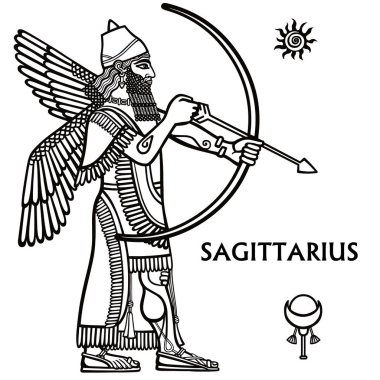 Burç yay. Tam büyüme. Sümer mitolojisindeki karakter. Beyaz bir arka plan üzerinde izole tek renkli çizim. Vektör çizim.