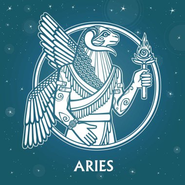 Burç koç. Kişi - bir centaur görüntü. Sümer sanat nedenleri üzerinde dayalı çizim beyaz. Arka plan - yıldızlı gökyüzü. Vektör çizim.