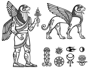 Linear drawing: a mythical animal a winged ram in an image of an animal and in an image of the person (centaur). Set of space symbols. Vector monochrome illustration. Be used for coloring book. clipart