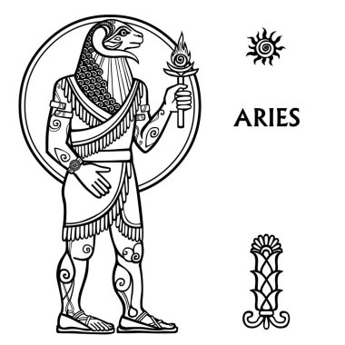 Burç koç. Tam büyüme. Vektör sanat. Beyaz arka plan üzerinde izole siyah ve beyaz zodyak çizim.