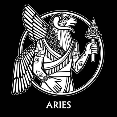 Burç koç. Kişi - bir centaur görüntü. Beyaz çizim Sümer sanat nedenleri üzerinde dayalı bir siyah arka plan üzerine izole. Vektör çizim.