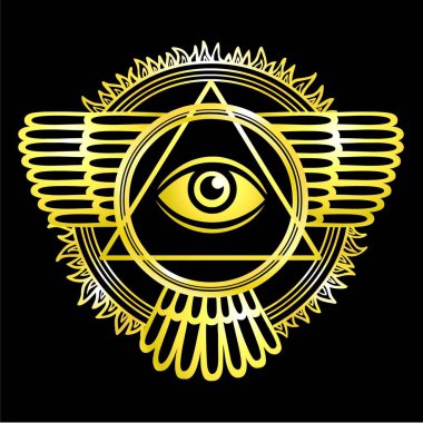 Esoteric winged sign of a pyramid. A gold silhouette on a black background. Disk of the sun. Vector illustration. clipart