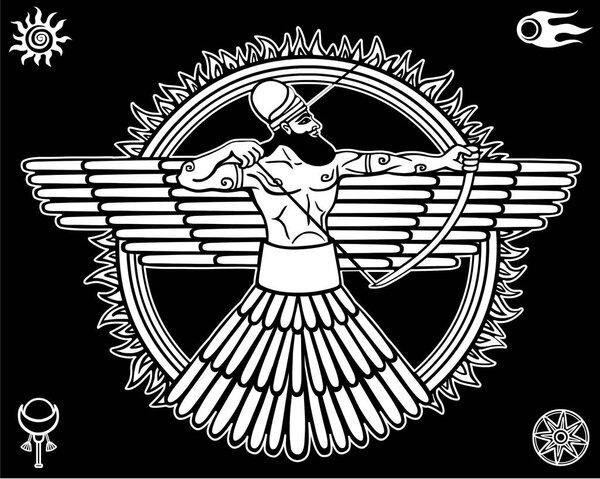 Image of an ancient deity.Set of esoteric symbols. The white linear drawing isolated on a black background. Vector illustration.