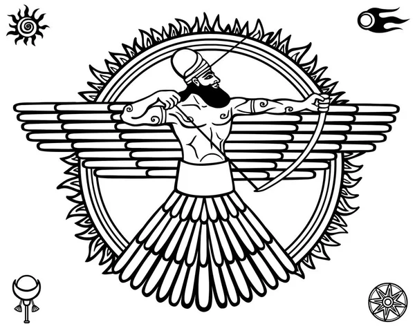 Изображение древнего божества. Эзотерические символы. Черный линейный рисунок выделен на белом фоне. Векторная иллюстрация . — стоковый вектор
