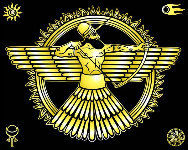 Egy ókori istenség képe. Ezoterikus szimbólumok gyűjteménye. A sárga rajz elszigetelt a fekete háttér. Arany utánzat. Vektoros illusztráció. — Stock Vector