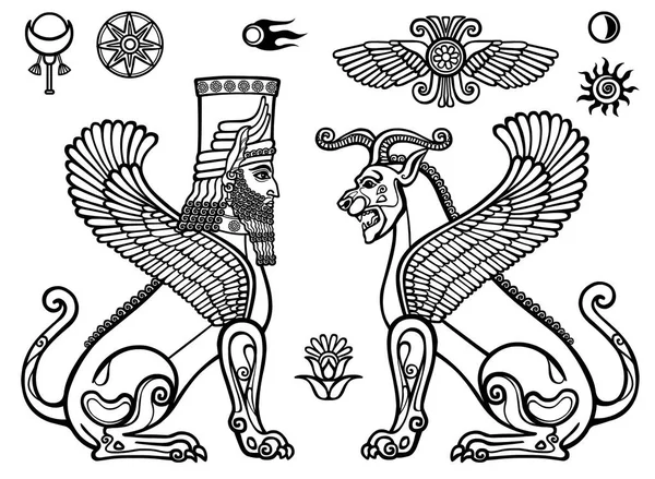 Grafik: figurerar av den assyriska mytologin - ett lejon och en sfinx av människor. Utrymme symboler. Svartvita ritning isolerad på en vit bakgrund. Vektorillustration. Användas för målarbok. — Stock vektor