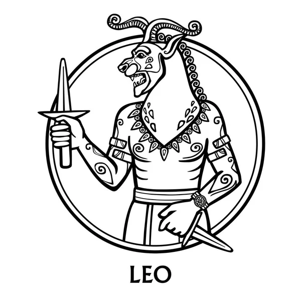 Tanda zodiak Leo. Gambar zodiak hitam dan putih berdasarkan motif seni Sumeria, terisolasi pada latar belakang putih. Vektor ilustrasi. Digunakan untuk mewarnai buku . - Stok Vektor