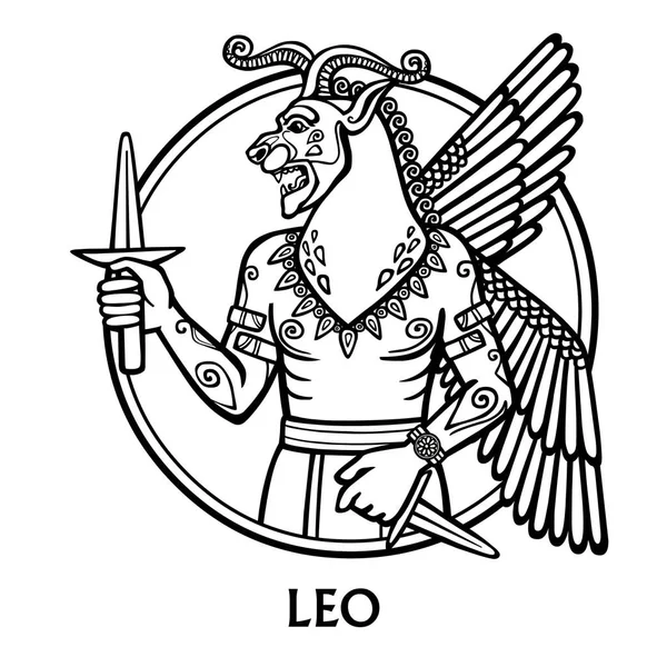 Sterrenbeeld Leo. Beeld van de persoon - een centaur. Karakter van de Sumerische mythologie. Zwart-wit tekening geïsoleerd op een witte achtergrond. Vectorillustratie. — Stockvector