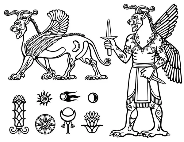 Vektor illustration: assyriska gudom lion bild av ett djur och bild av personen. Full tillväxt. Karaktären av sumerisk mytologi. Uppsättning av utrymme solar symboler. Isolerade. Användas för målarbok. — Stock vektor