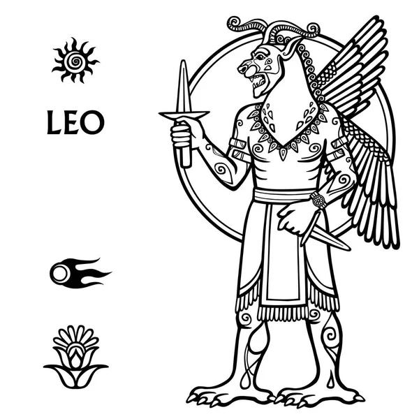 Leo Csillagjegy. Kép a személy - a Kentaur. Teljes növekedés. Sumer mitológia jellege. Fekete-fehér rajz elszigetelt fehér background. Vektoros illusztráció. — Stock Vector