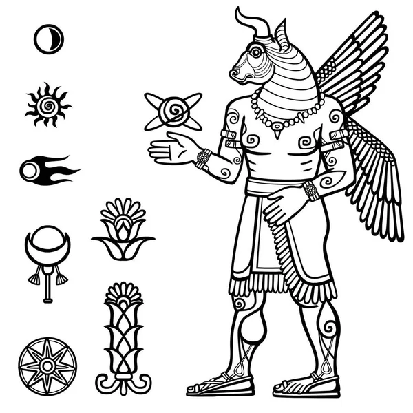 Vektorillustration: eine Silhouette der assyrischen Gottheit mit einem Körper der Person und dem Kopf eines Stiers. Charakter der sumerischen Mythologie. Reihe von Weltraum-Sonnensymbolen. — Stockvektor