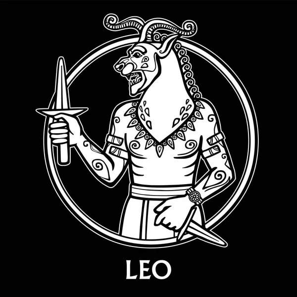 Signo do zodíaco Leo. Imagem da pessoa - um centauro. Desenho branco isolado sobre um fundo preto baseado em motivos da arte suméria. Ilustração vetorial . — Vetor de Stock