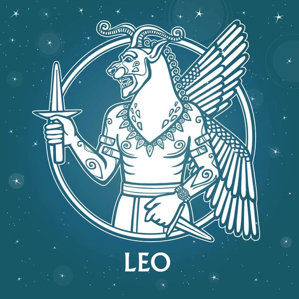 Signo do zodíaco Leo. Imagem da pessoa - um centauro. Desenho branco baseado em motivos da arte suméria. Fundo - o céu de estrela. Ilustração vetorial . —  Vetores de Stock