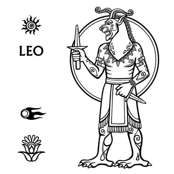 Signo do zodíaco Leo. Imagem do centauro de pessoa. Crescimento total. Desenho do zodíaco preto e branco baseado em motivos da arte suméria, isolado em um fundo branco. Ilustração vetorial . —  Vetores de Stock