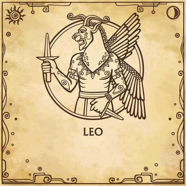 Signo do zodíaco Leo. Imagem da pessoa - um centauro. Desenho linear baseado em motivos da arte suméria. Fundo - imitação de papel velho. Ilustração vetorial . — Vetor de Stock