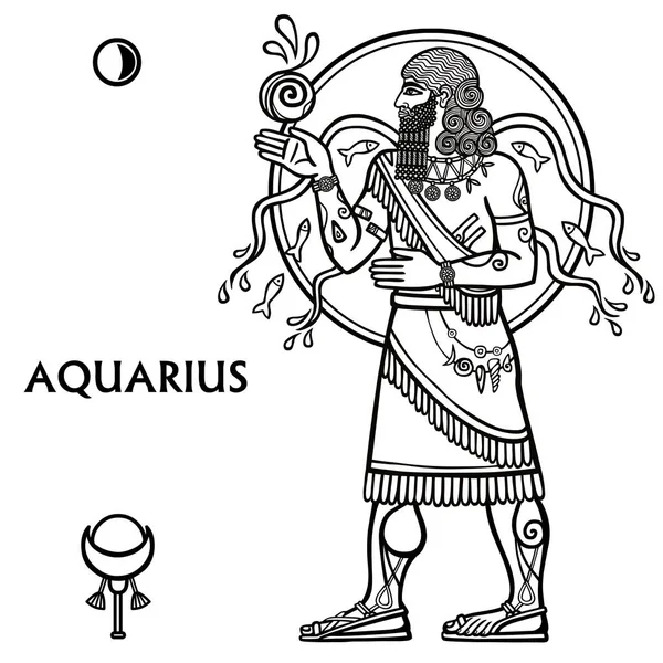 Zodiac merkki Aquarius. Täysi kasvu. Mustaa ja valkoista eläinradan piirustus perustuu motiiveja sumerilaisen taiteen, eristetty valkoisella pohjalla. Vektorikuvitus. Käytetään värityskirjan . — vektorikuva