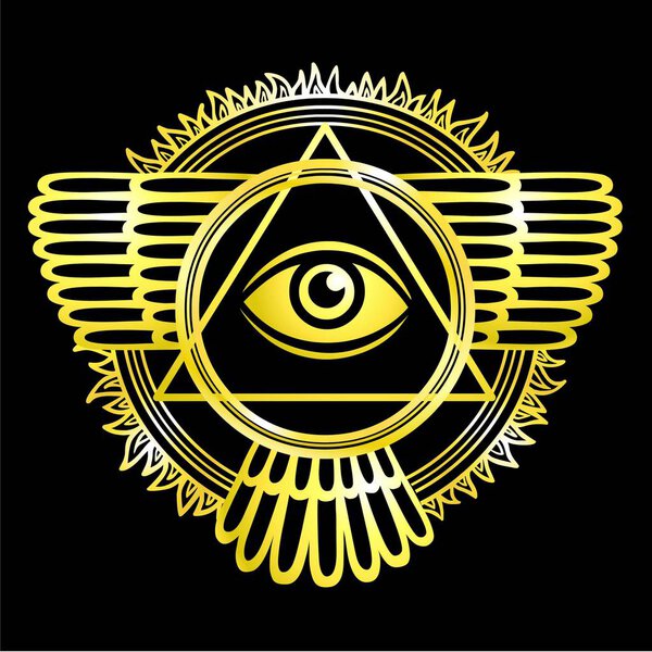 Esoteric winged sign of a pyramid. A gold silhouette on a black background. Disk of the sun. Vector illustration.