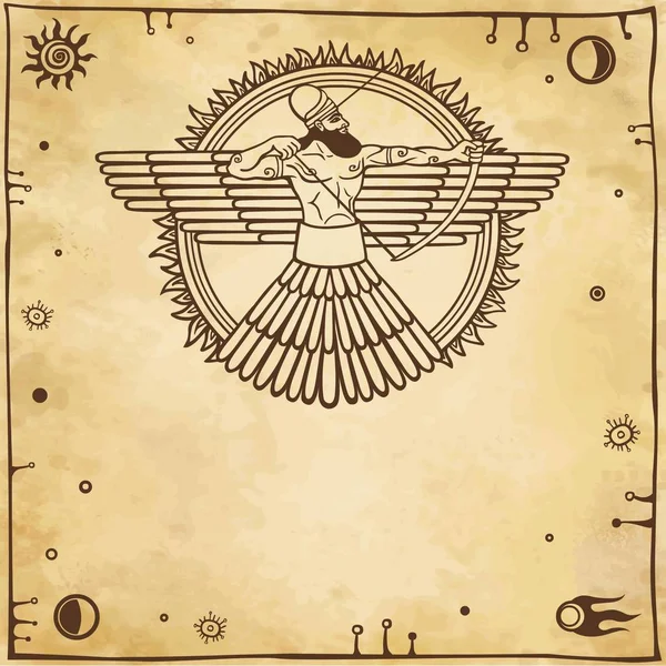 一位古代的神的形象。有翼的弓箭手。背景-仿旧纸张。空间符号矢量图. — 图库矢量图片