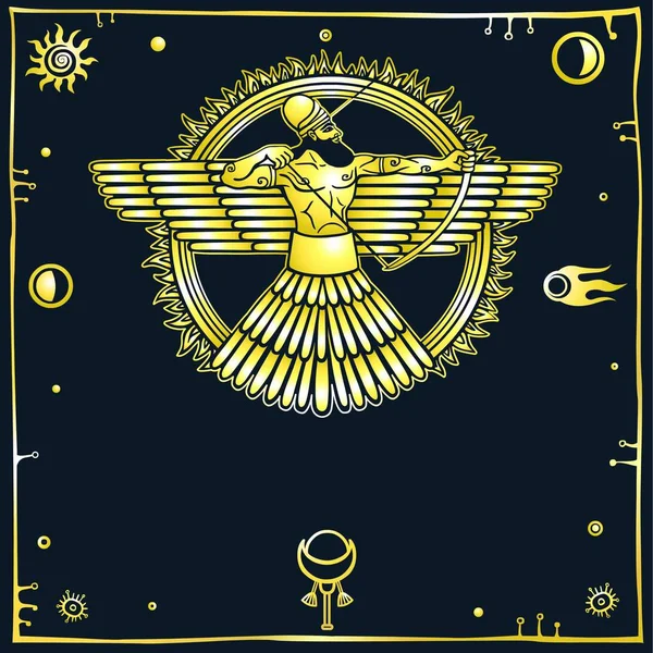 Bild einer antiken Gottheit. Flügelbogenschütze. schwarzer Hintergrund, Leerzeichen. Nachahmung von Gold. Vektorillustration. — Stockvektor