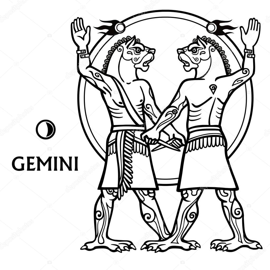 Zodiac sign Gemini. Full growth. Black and white zodiac drawing based on motives of Sumerian art, isolated on a white background. Vector illustration. Be used for coloring book.