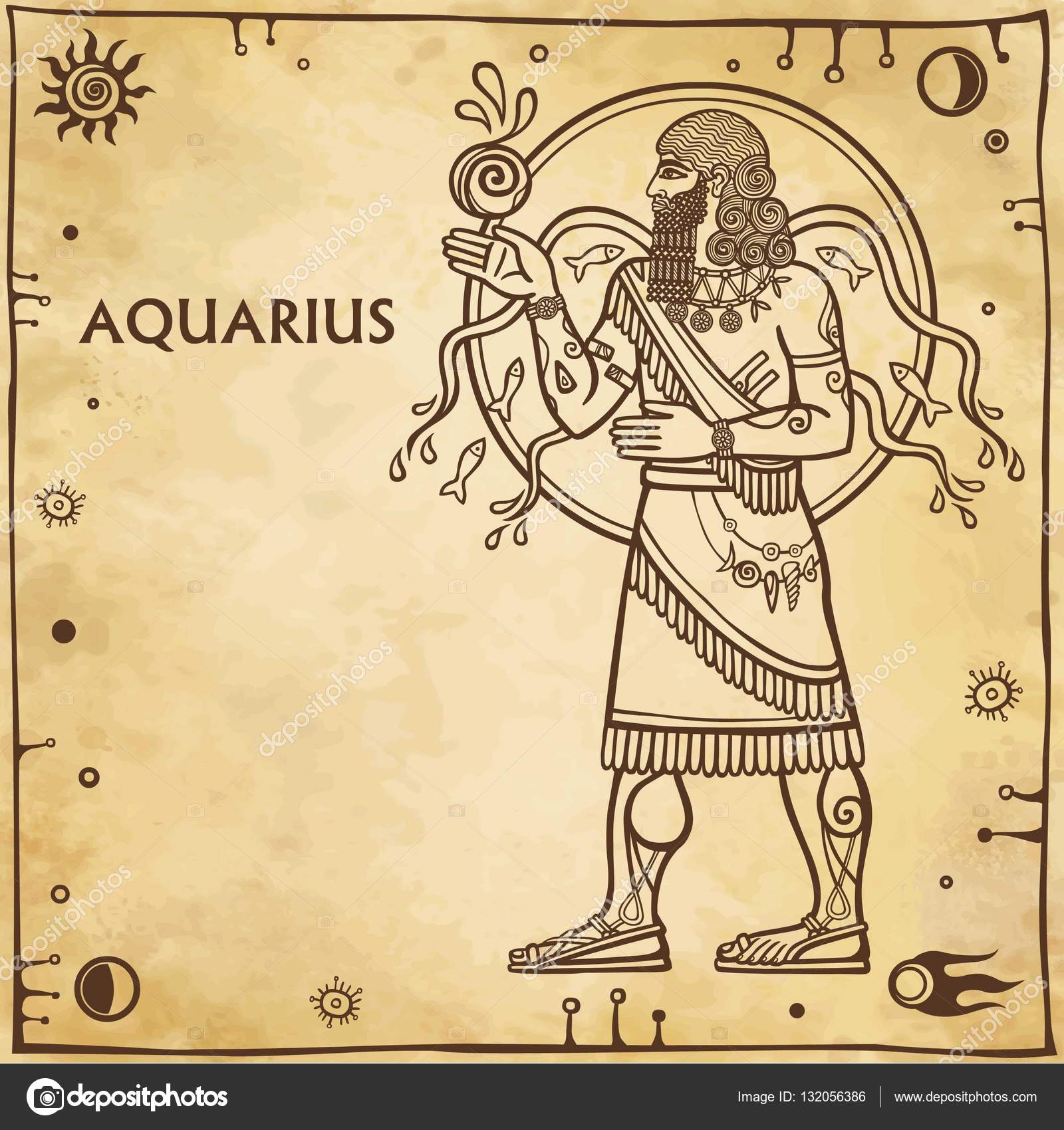 Aquarius Drawing Zodiac Sign Aquarius Drawing Based On Motives Of Sumerian Art Full Growth Background Imitation Of Old Paper Space Symbols The Place For The Text Vector Illustration Stock