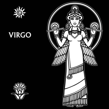 Başak burcu. Tam büyüme. Beyaz çizim Sümer sanat nedenleri üzerinde dayalı bir siyah arka plan üzerine izole. Vektör çizim.