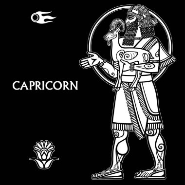 Oğlak Burcu. Tam büyüme. Beyaz çizim Sümer sanat nedenleri üzerinde dayalı bir siyah arka plan üzerine izole. Vektör çizim.