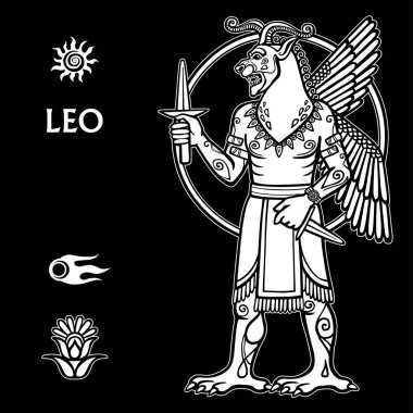 Burç Leo. Tam büyüme. Beyaz çizim Sümer sanat nedenleri üzerinde dayalı bir siyah arka plan üzerine izole. Vektör çizim.