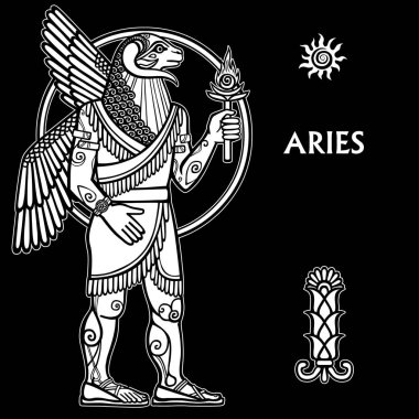 Burç koç. Tam büyüme. Beyaz çizim Sümer sanat nedenleri üzerinde dayalı bir siyah arka plan üzerine izole. Vektör çizim.